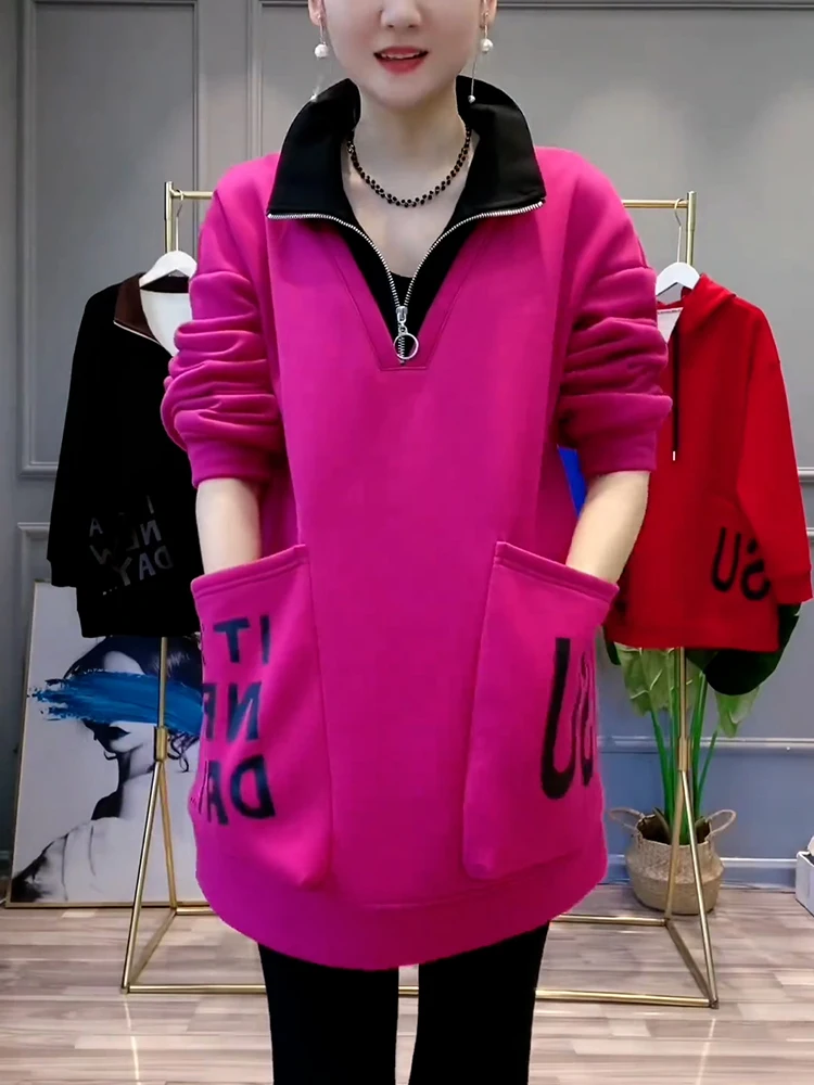 

Faionable Long Sve свитшот средней длины женский повседневный универсальный плюс размер осеннее новое поступление Street Sle дизайн на молнии