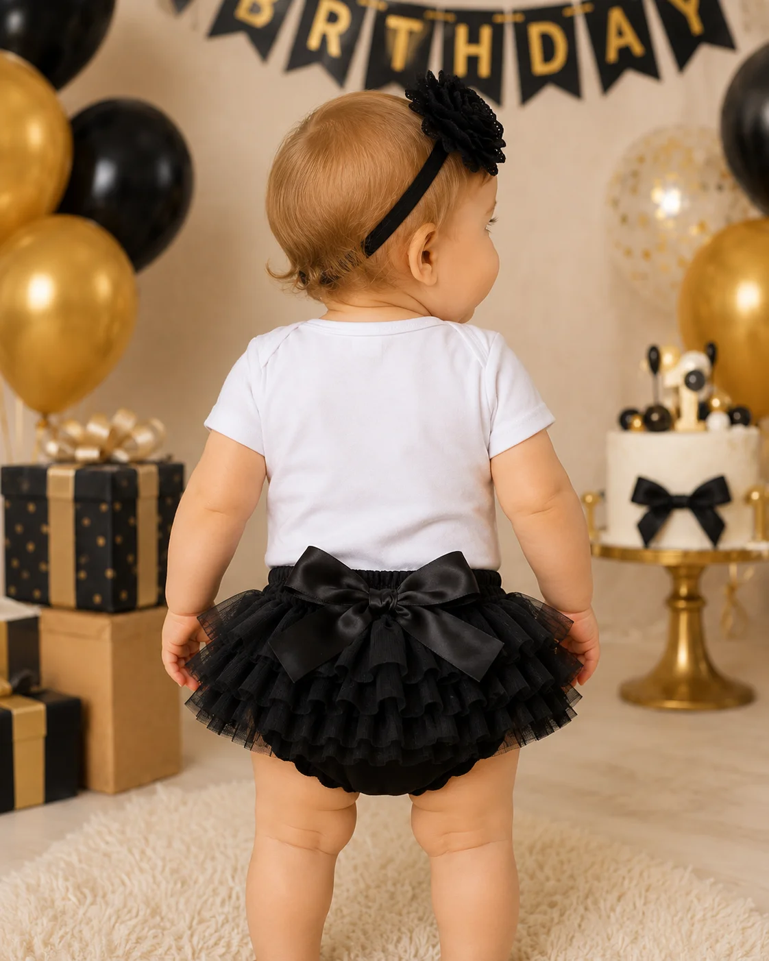 Baby Girl 1st Birthday Outfit White Romper Black Tutu Skirt Headband Set Birthday Girl Crown Bow Clothes Newborn Party Costume