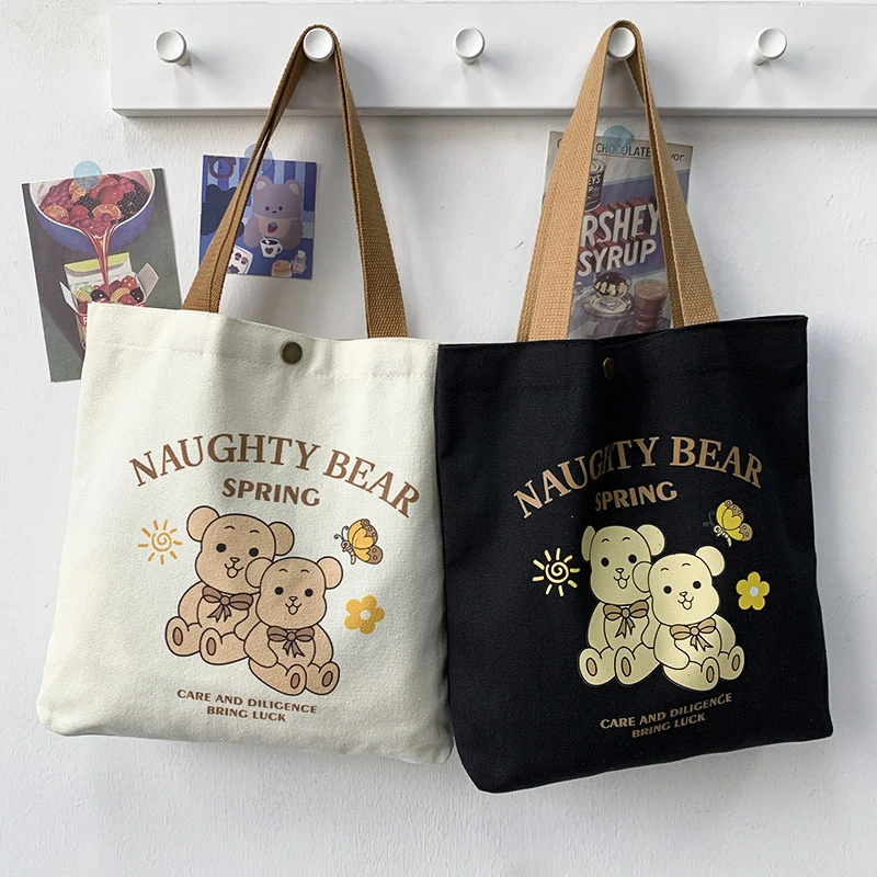 Cute Cartoon Bear Large Capacity Canvas Handbag Versatile Student Office Worker Lunch Tote Bag