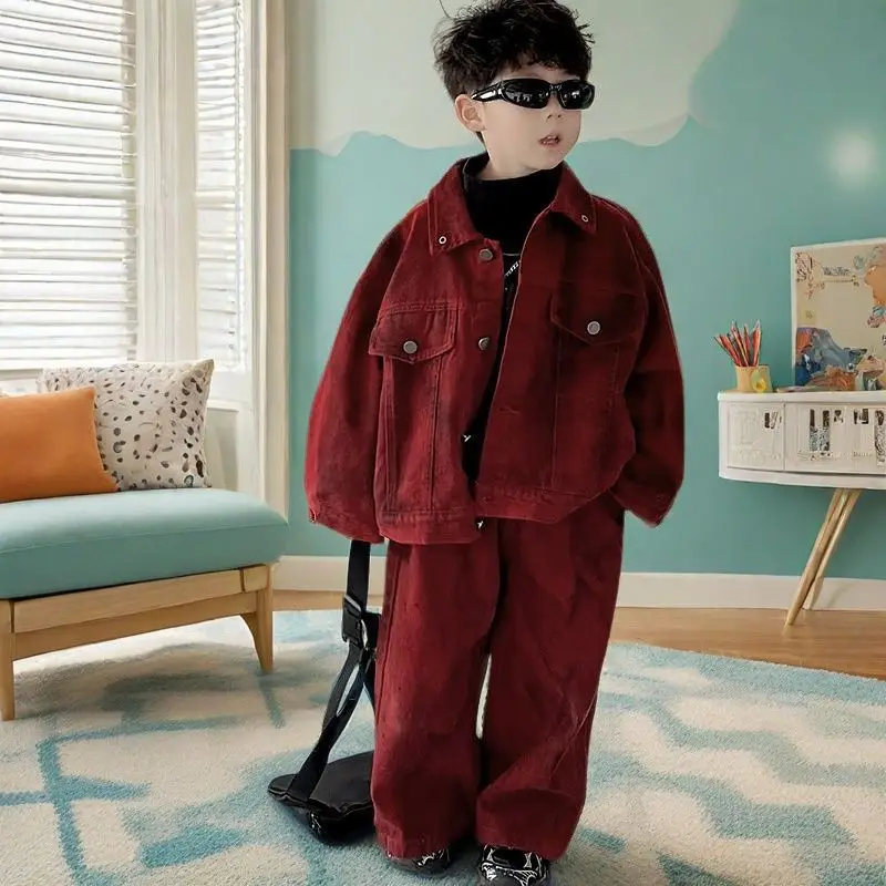 Baby Boys Children Red Denim Coat Spring Autumn Kid Fashion casual Gentleman Jean Top+Pants 2Pcs Suits Set Streetwear Handsome