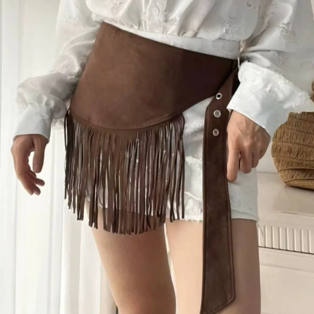 럭셔리 빈티지 태슬 허리 벨트 삼각형 카우보이 스타일 프린지 허리띠 단색 드레스 벨트 여성용