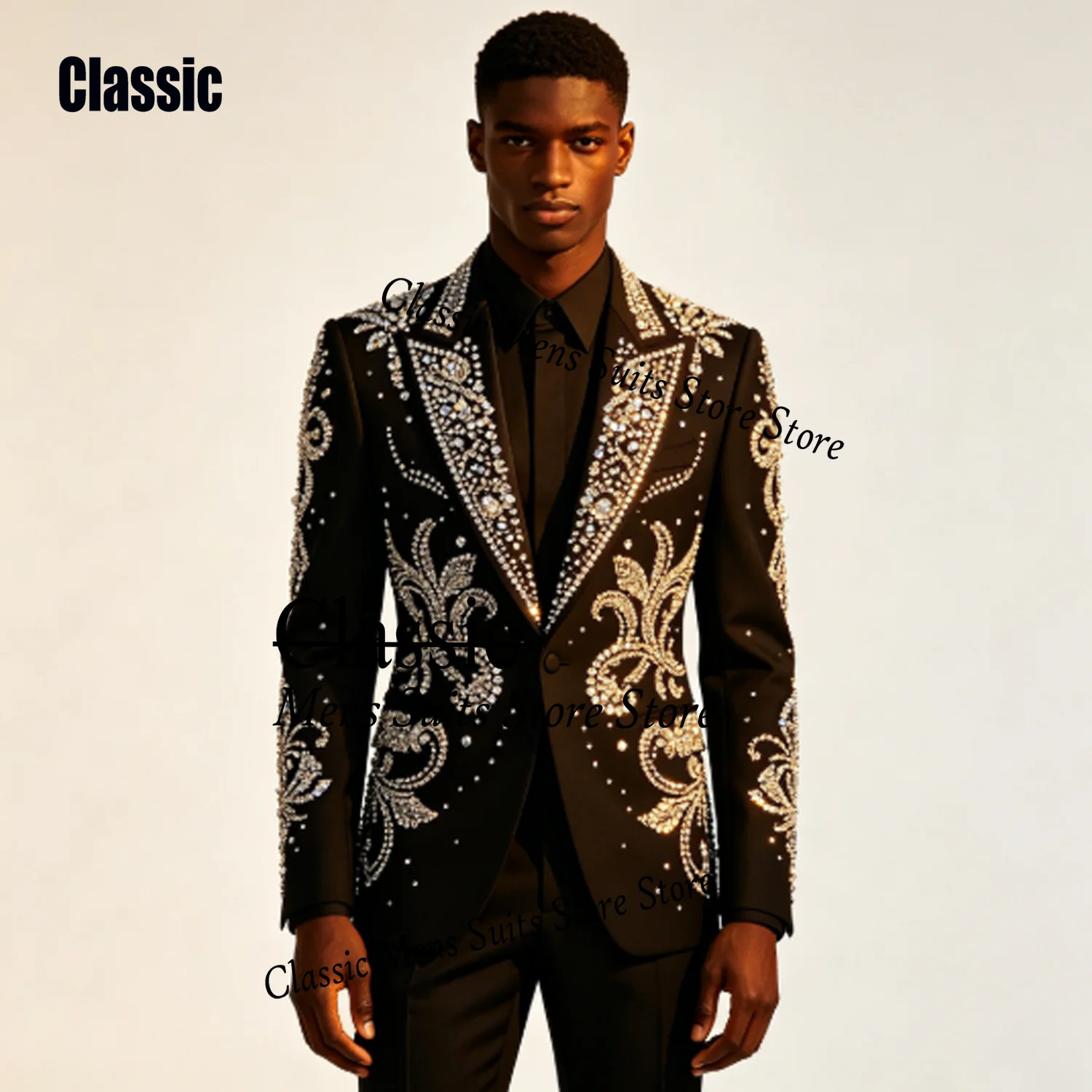 

Customized Rhinestone Gem Men Suit 2 Pieces Sets Male Party Blazers Handsome Groom Evening Tuxedos Slim Crystal trajes para hore
