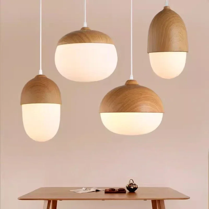 Nordic Wood Grain Pendant Light Nut Single Head Milk White Dining Room Hanging Home Fixture Bedroom Staircase Iron  Illumination