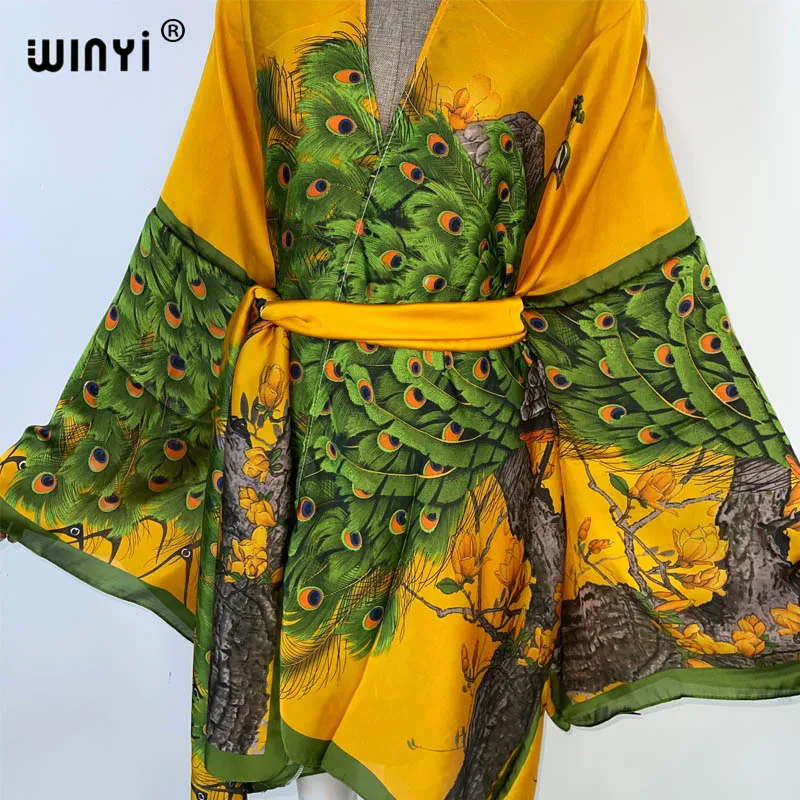 WINYI 2023 new Africa Summer print Women Cardigan stitch robe Cocktail sexy Boho loose Holiday long Sleeve Silk kimono with belt