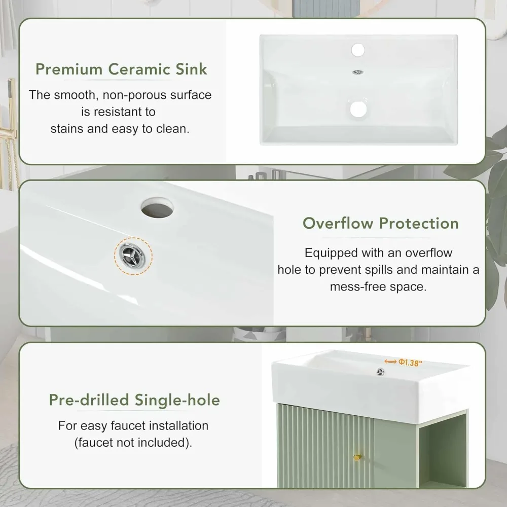 21.6 in Small Bathroom Vanity with Sink,Doors and Storage Shelves,Wood Modern Single Fluted Bathroom Sink Cabinet Freestanding (