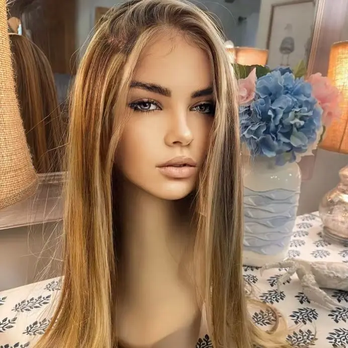 

Highlight Honey Brown Wig Female Long Layer Straight Synthetic Lace Front Wigs High Quality Glueless Lace Top Wig On Clearace