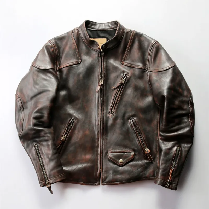 

Мужская кожаная куртка-косуха с воротником-стойкой из желтой воловьей кожи, с эффектом потертости и эффектом состаривания.