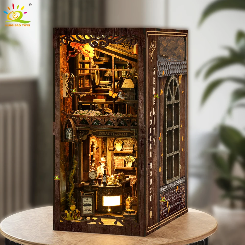 HUIQIBAO DIY Retro coffee house Bookshelf Model 3D Wooden Puzzle Assemble Book Nook Shelf Miniature Building Kits Handmade Toys