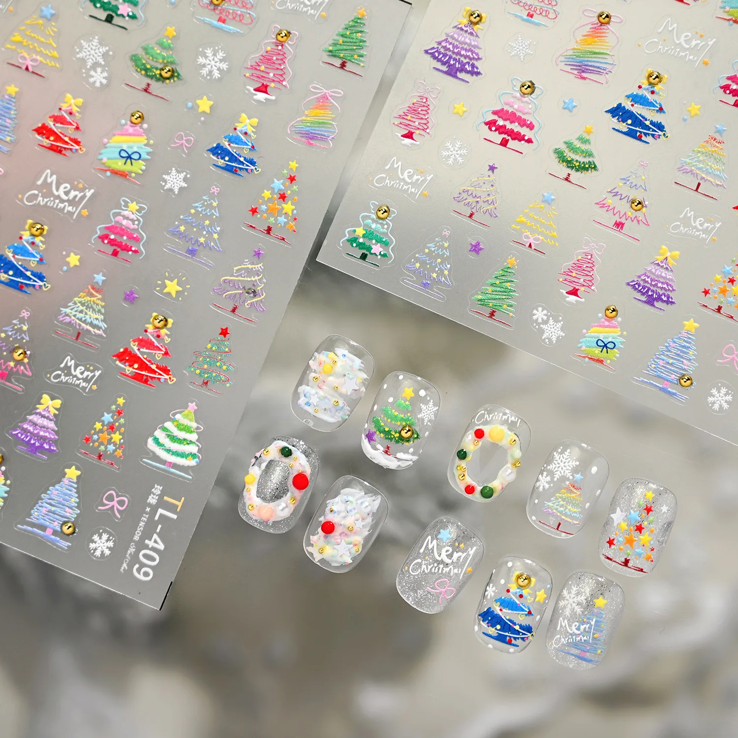 Autocollant de manucure 3D pour Nail Art, joli Graffiti coloré, nœud papillon, étoiles, flocon de neige, arbre de noël, bonhomme de neige mignon, père noël