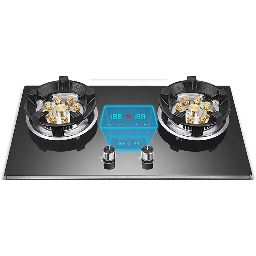 バーナーガスコンロ ガスホブ ビルトインガスコンロ、2バーナーガスコンロ、亜鉛マグネシウム合金ノブ、55 ° + 火傷防止リマインダー、インダストリアル