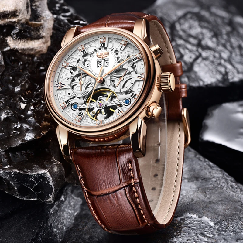 Top Brand Luxury LIGE New Automatic Tourbillon Watch for Men Mechanical Skeleton Tourbillon Mens Watches Waterproof  Steel  Stra