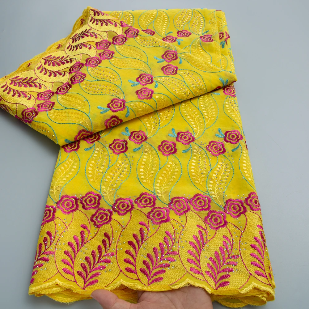 Swiss Voile Lace High Quality 2026 African Lace Fabric 5Yards for Women Cotton Embroidery with Rainstones for Women Dresses