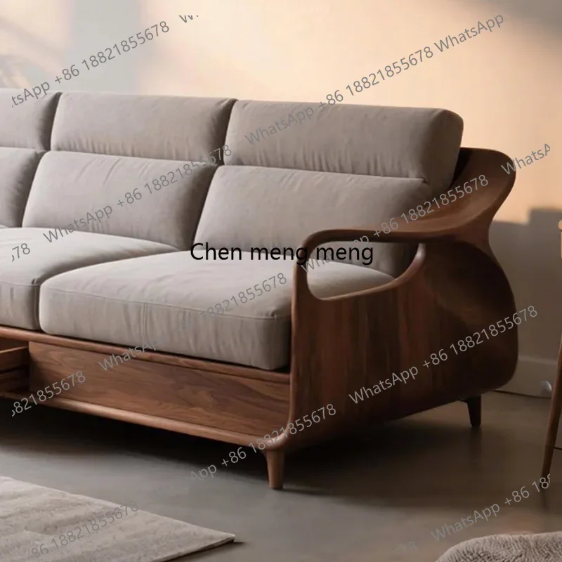 New Chinese-style solid wood straight-row sofa, high-end walnut fabric in living room, three or four people with storage
