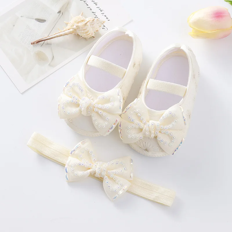 

First Walkers Headband Set Diamond Bow Shoes Newborn Walk Baby Princess Shoes Ribbon Bowknot Shoes Baby Girl Moccasins Footwear