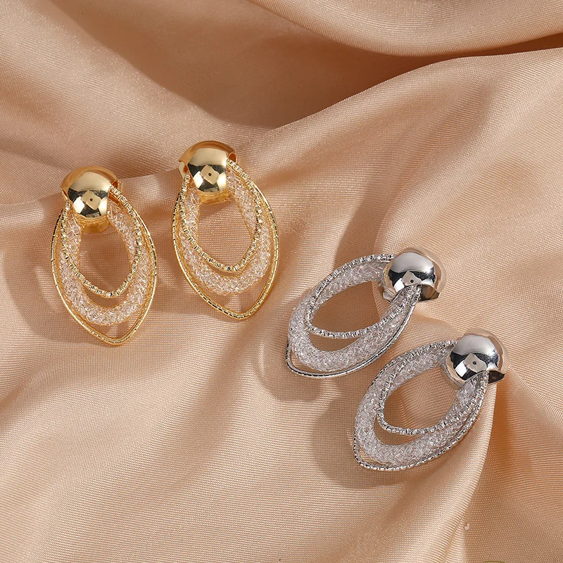 NEW Retro Geometric Navettes Clip on Earrings Metal Mesh and Rhinestone Earrings for Women Without Pierced  Fashion Jewelry 2022