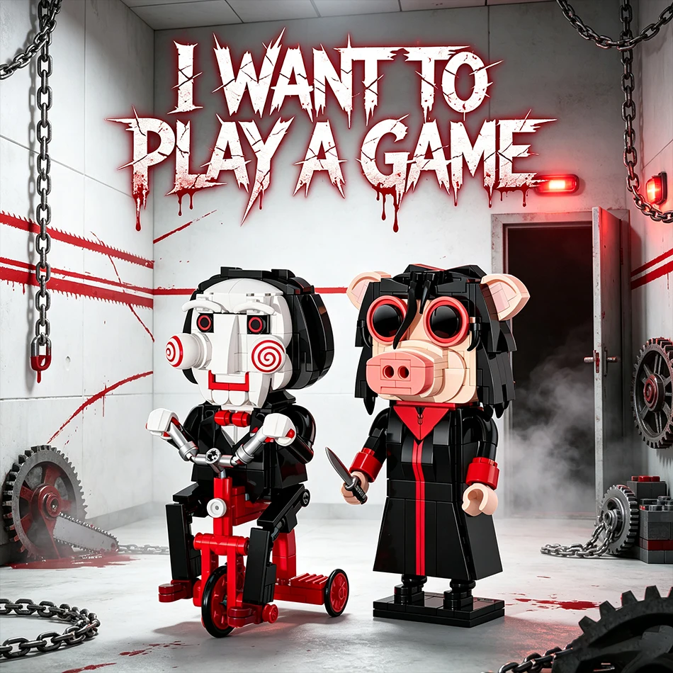 MOC SAW Billy Puppet with Tricycle Pig Mask Jigsaw Killer Building Blocks Scary Movie Horror Figures Bricks Toys Halloween Gifts