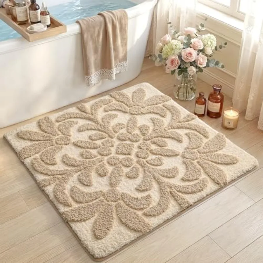 

Floral Bathroom Rug Square Bath Mat 31x31 Non Slip Washable Absorbent Soft Microfiber Bathmat Flower Plant Bath Rugs for Shower