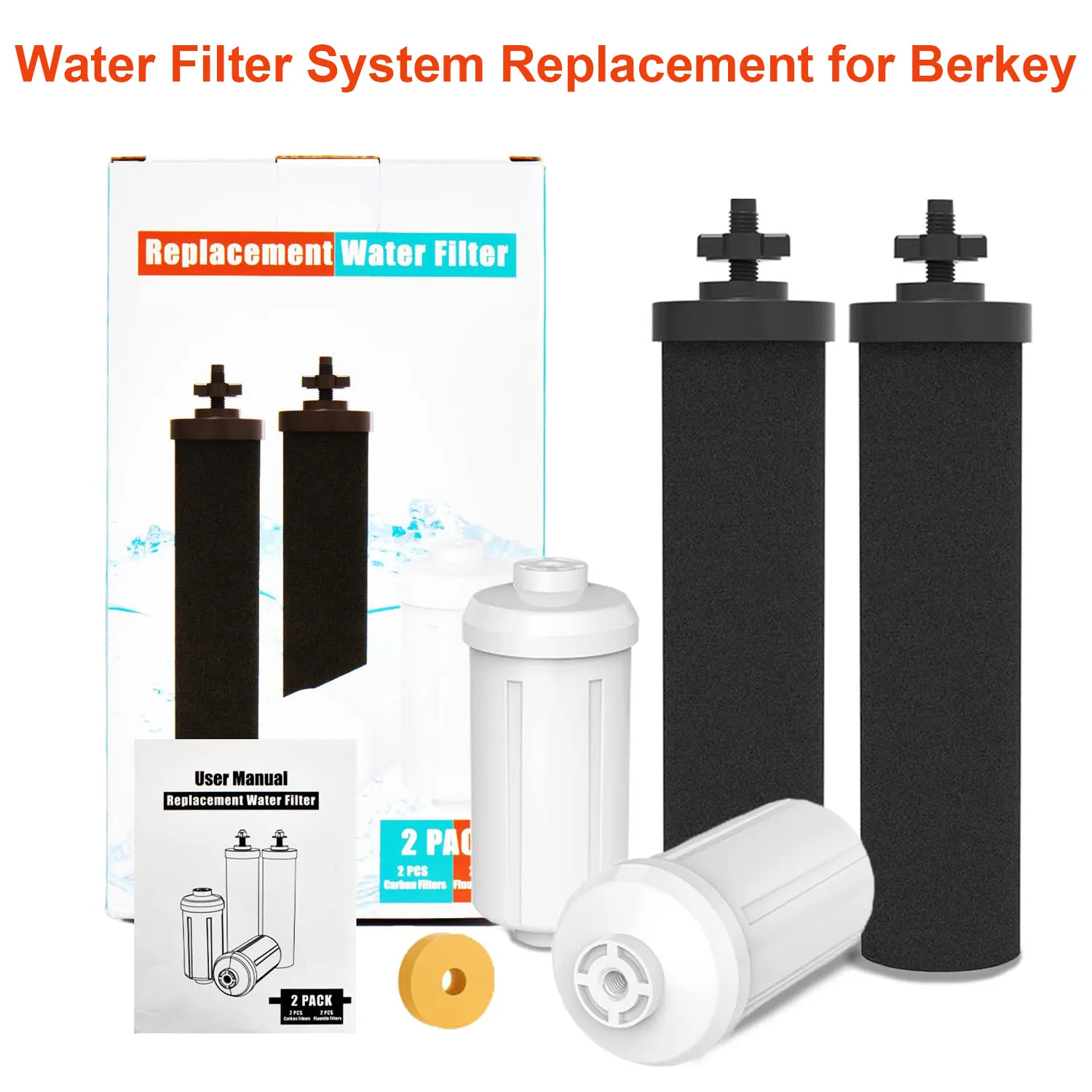 Gravity Water Filter Replacement for Berkey NSF/ANSI 42 Certified 2Pcs Black Filters and 2Pcs Fluoride Filters PF2 for Travel