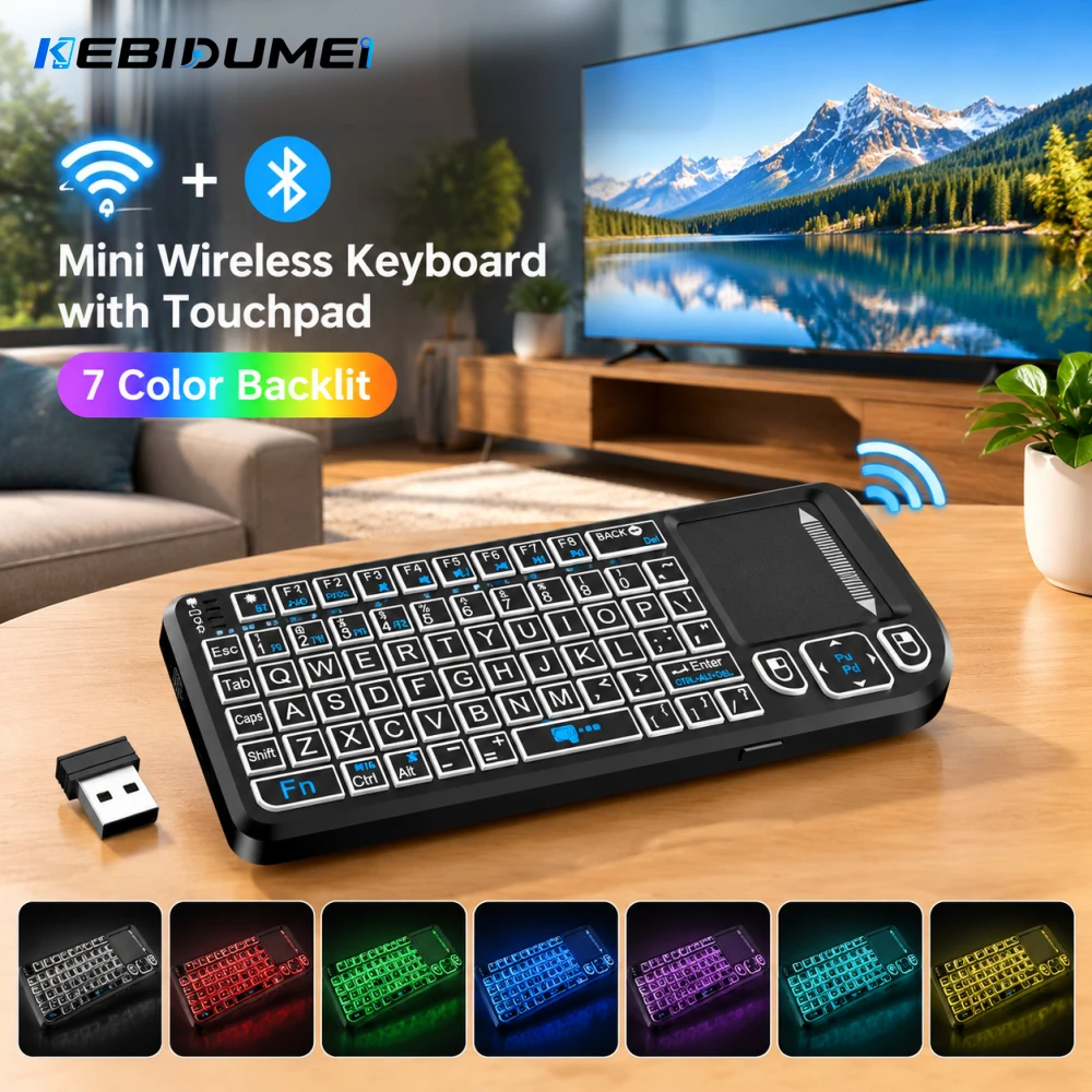 KEBIDUMEI Mini Wireless Keyboard with Touchpad 2.4G Bluetooth Wireless Handheld Keyboard 7 Color Backlit for Laptop Projector