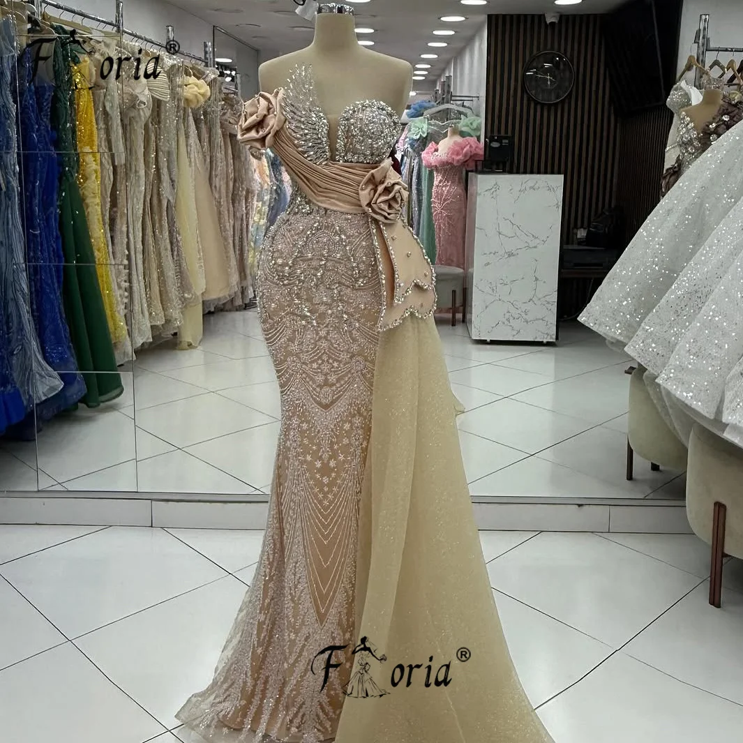 Elegant Dubai Champagne Prom Dress Beads Crystals Formal Evening Gown Customized Cocktail robes longues soirées élégante 2025