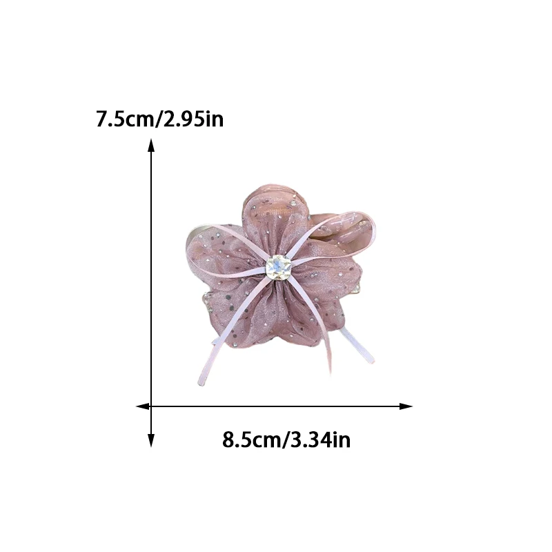 Bowknot Mesh Ribbon Flower Shark Clip Temperament Versatile Shark Clip Rhinestone Hairpin Ponytail Clip Hair Accessories