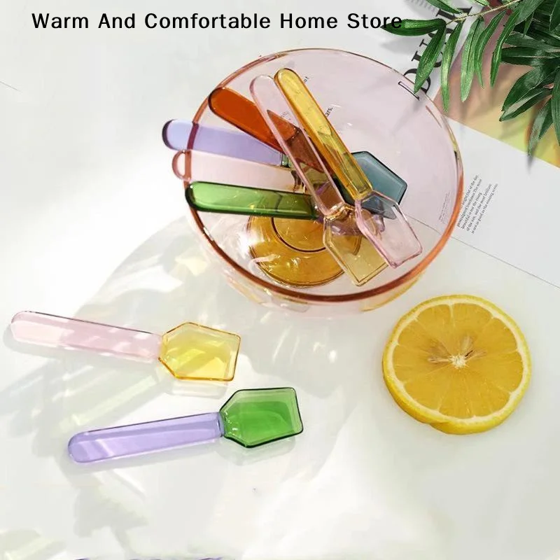 【W】Cute Style Colorful Glass Dessert Spoon Heat Cold Resistance INS Style Ice Cream Spoon Short Handle Coffee Spoon Ice Cream