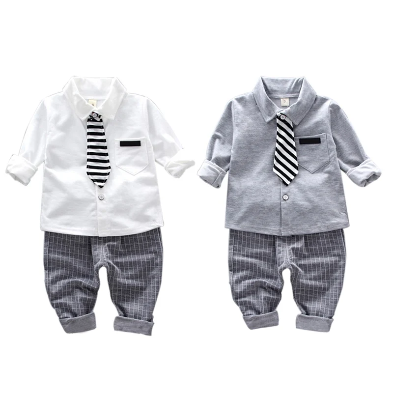 Spring Baby Boy Adorable Solid Print Long Sleeve Shirt Blouse Plaid Trousers Casual Outfits Clothes For 0-4T