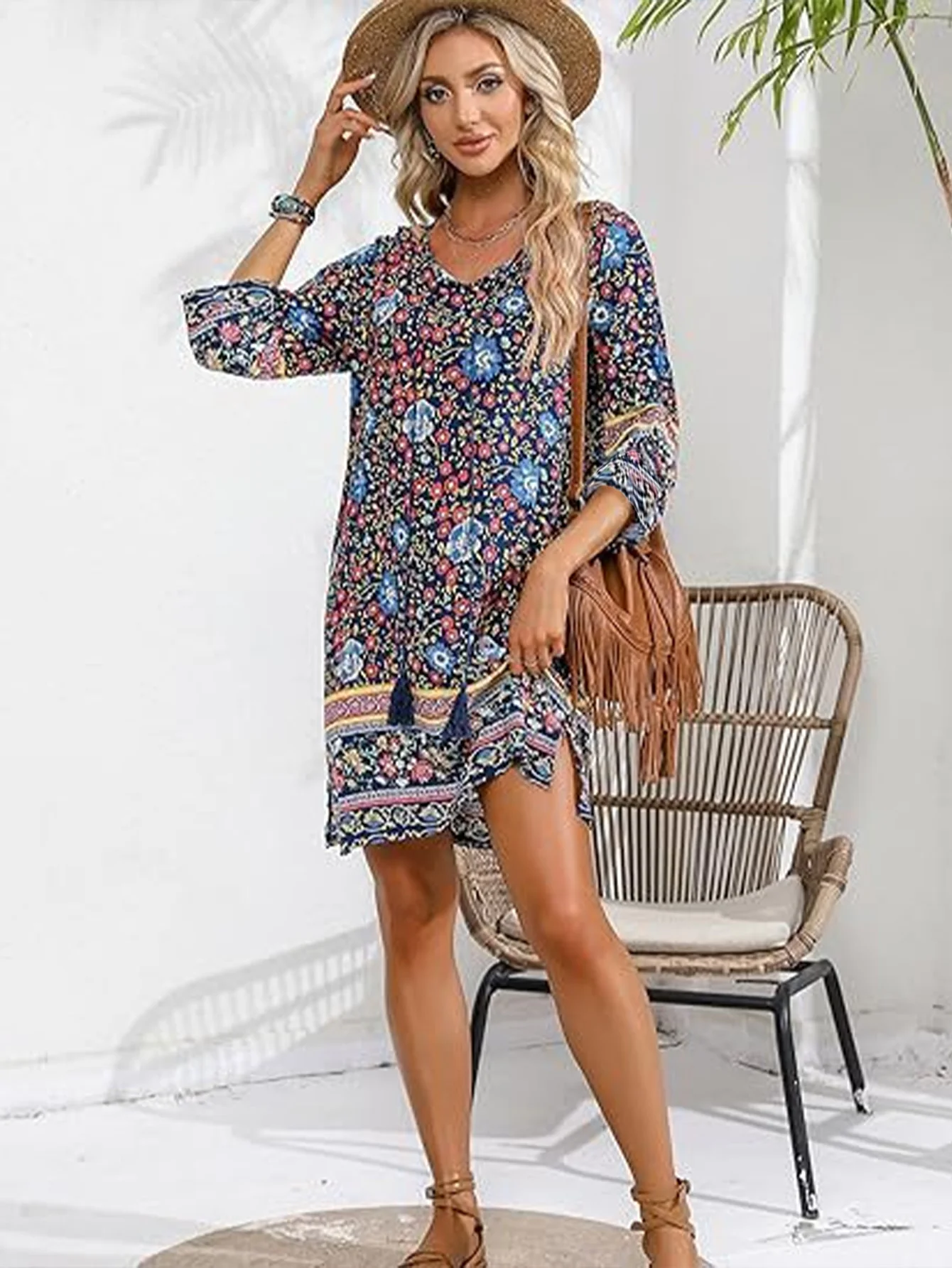 שמלות מודפסות בפרחים למסיבה עבור בגדי אישה Jfashion צוואר עגול שרוול בינוני שמלת חוף לחופשת הקיץ Y2K חצאית