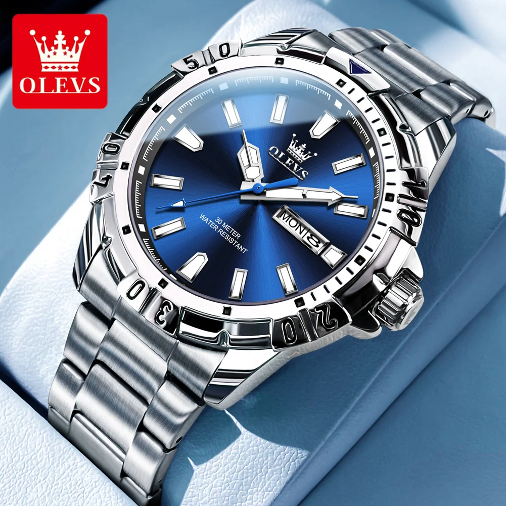 OLEVS-Montre à quartz bleue pour homme, acier inoxydable, étanche, cadran Shoe, montres pour homme, nouvelle mode, marque, 2024