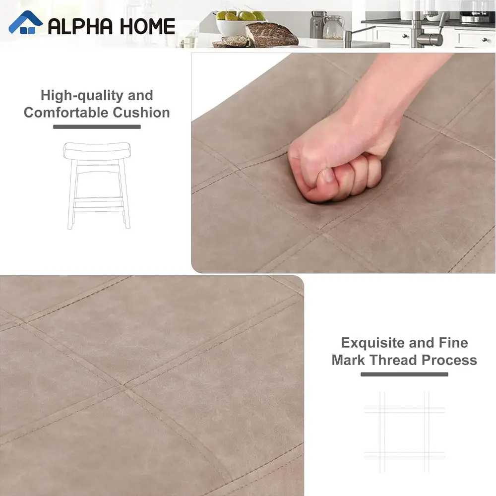 Par de bancos de bar de madeira maciça de 24 polegadas com almofadas de couro PU bege para áreas de cozinha e jantar