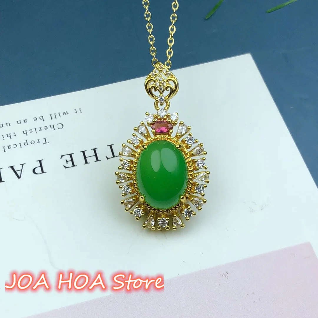 Emerald Green Chalcedony Pendant Chain Gold Plated Inlaid Drop Shaped Agate Jade Zircon Necklace High Quality Jewelry