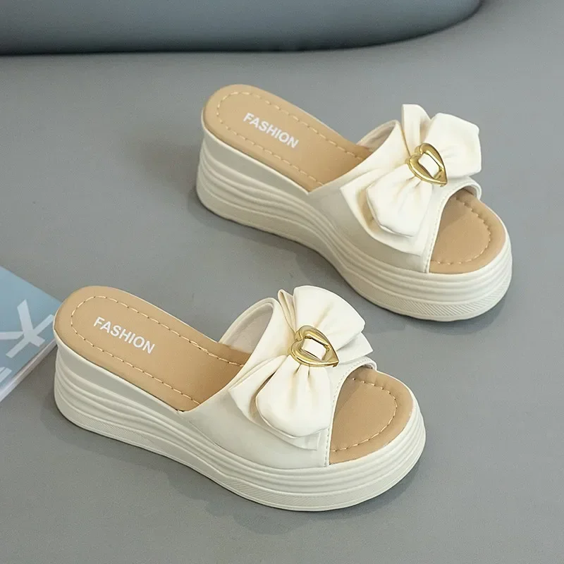 Sandals Height Open Toe with Bow on Word Woman Slippers House Shoes for Women Home Outside Thick Slides Indoor Off White Normal