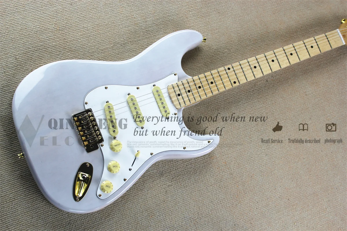 

Transparent White Electric Guitar Stra Guitar Basswood Body Maple Neck Fixed Bridge Yellow Pickups Vingate Tuners