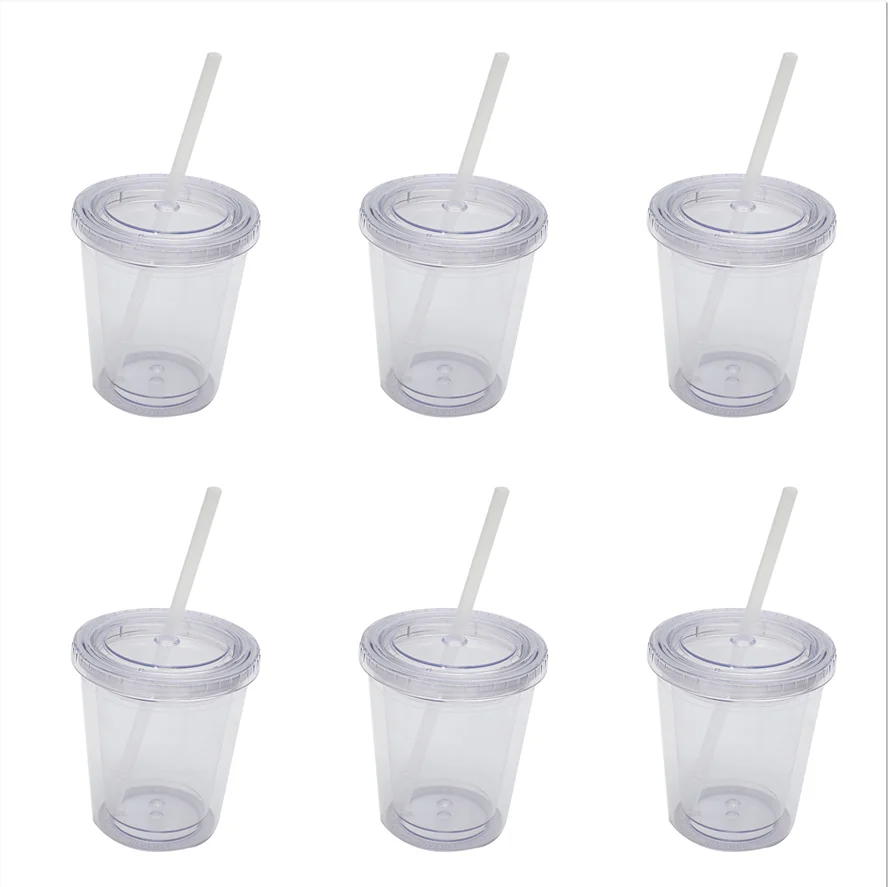 Plastic Double Wall Tumbler Cup with Straw, Black and Green Lid, Flat Lid, 350ml, 12oz, New, 2024