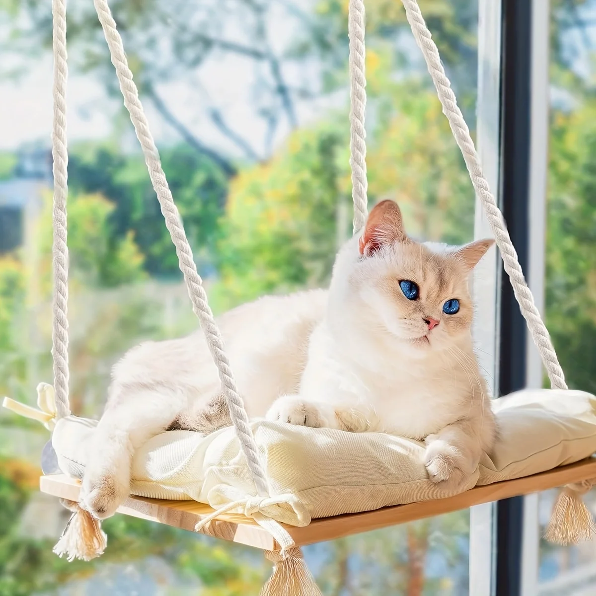 Katzen-Fenster-Sitzbett mit 4 starken Saugnäpfen, große stabile Fensterbank-Hängematte aus Holz für Hauskatzen, weich gepolsterte Ruhe