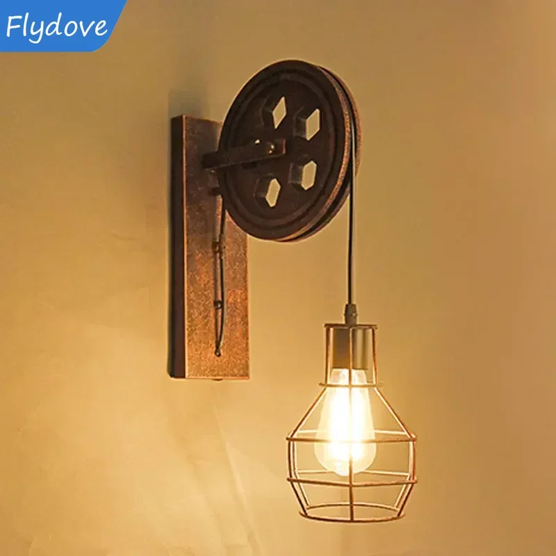 American Style Retro LED Wall Lamp Creative Iron Pulley Coffee Restaurant Corridor Lights Home Decor Adjustable