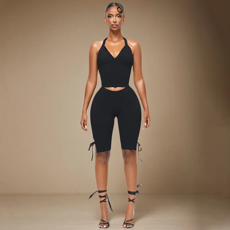 

Женский однотонный сексуальный комплект из 2 предметов, летние спортивные костюмы на шнуровке с лямкой на шее и открытой спиной, укороченные топы на бретельках + узкие брюки длиной до колена, костюмы для фитнеса