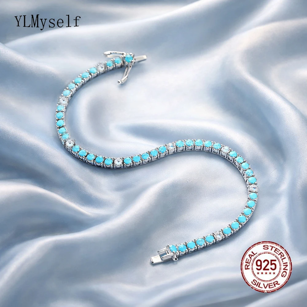 YLMyself 925 Sterling Silver Turquoise Tennis Bracelet 3mm Blue Stone Mix White CZ 15‑18cm Women Jewelry