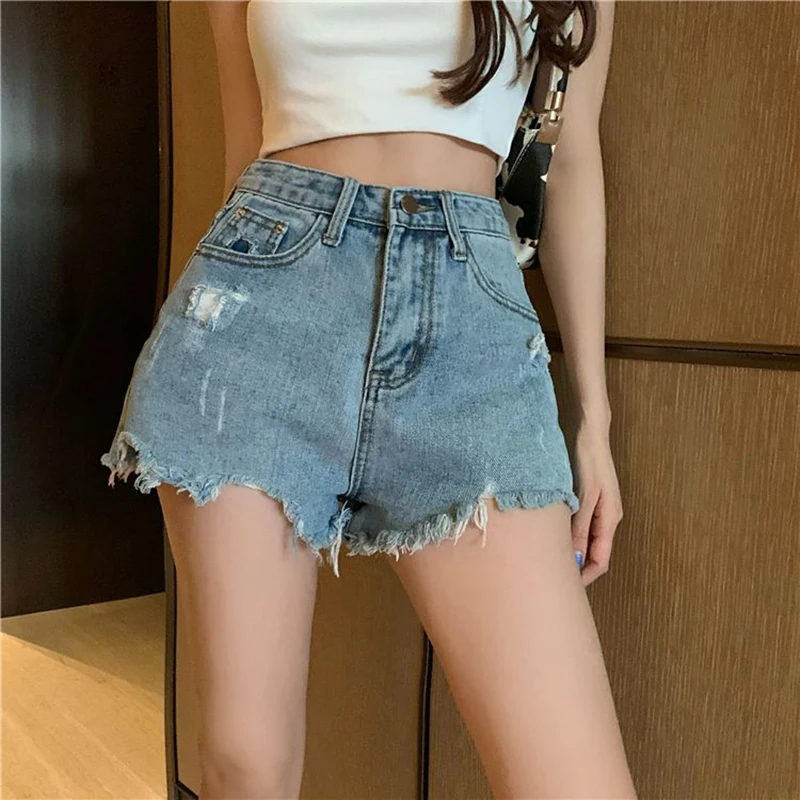 Large size chubby mm loose 80KG raw edge distressed denim shorts summer new high waisted wide leg