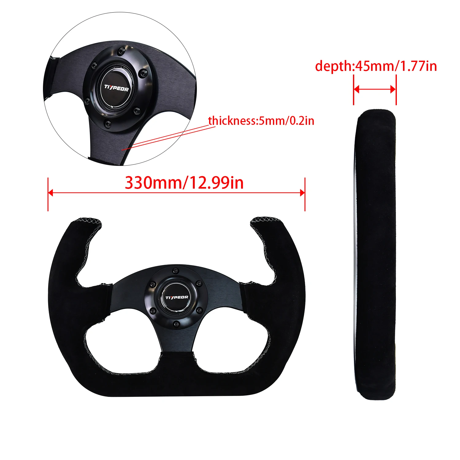 عجلة قيادة TIYPEOR مقاس 13 بوصة 330 مم من جلد الغزال باللون الأسود على شكل حرف D عجلة قيادة رياضية عالمية