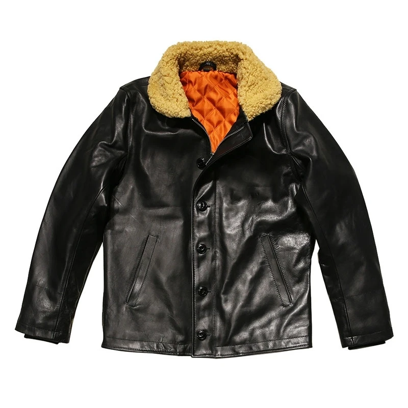 Black Winter Leather Jacket Men Retro Style Plus Size 3XL Genuine Natural Cowhide Deck Clothes N1 Navy Leather Coat