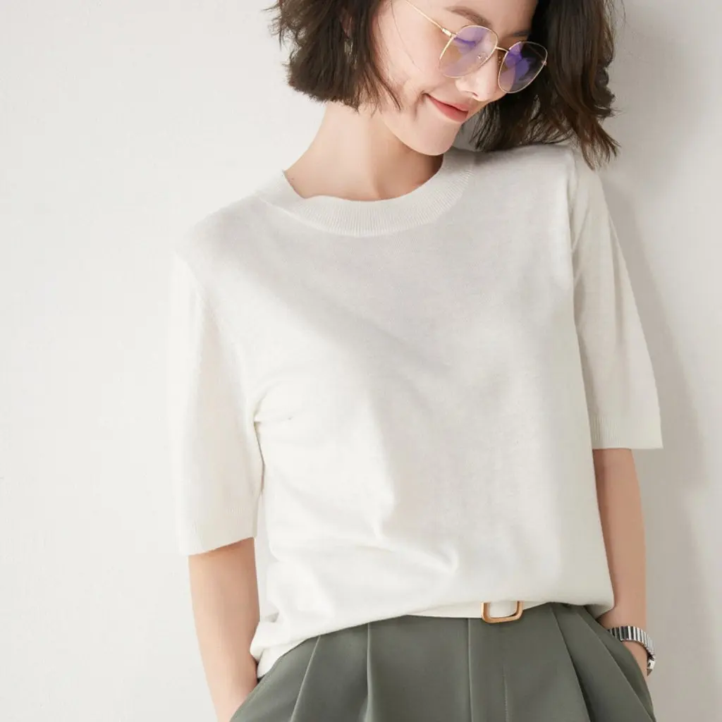 

Women's Slim-fit Crewneck Pullover Mid-Sleeve Solid Color Knitted Top Elegant Commuter Wear Spring/Summer