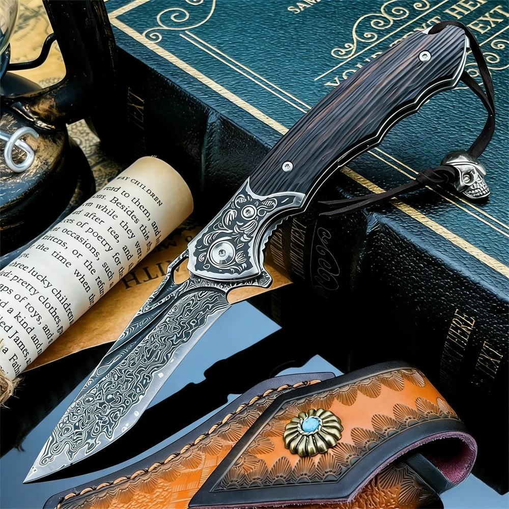 

Outdoor EDC Pocket Folding Knife with Damascus Blade & Ebony Handle, Utility Tool for Camping, Hiking, Daily Cutting Tasks