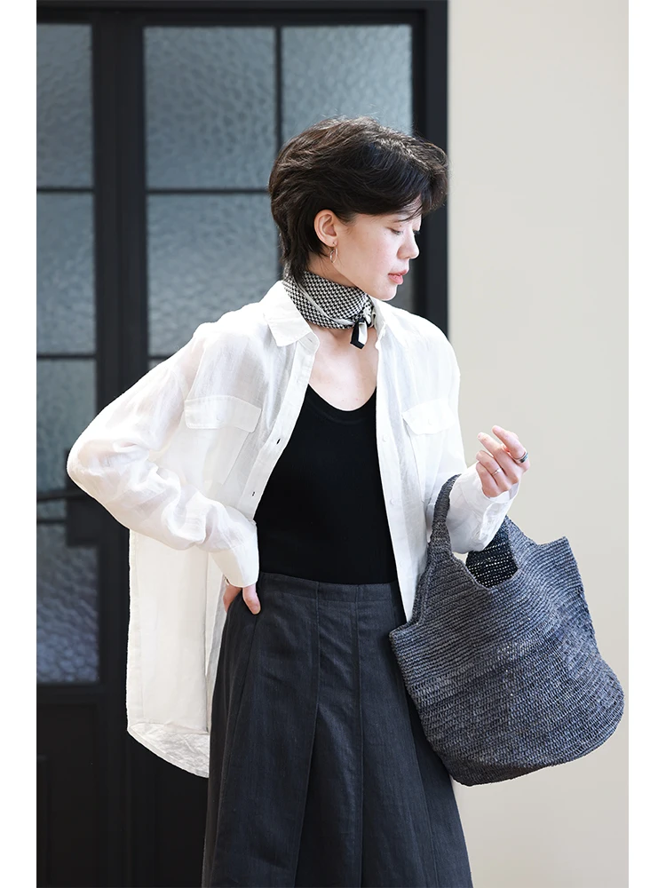 

Women's Casual Linen irt Double ket Breathable Comfortable Loose Fit Spring Summer Sun Protection White Color