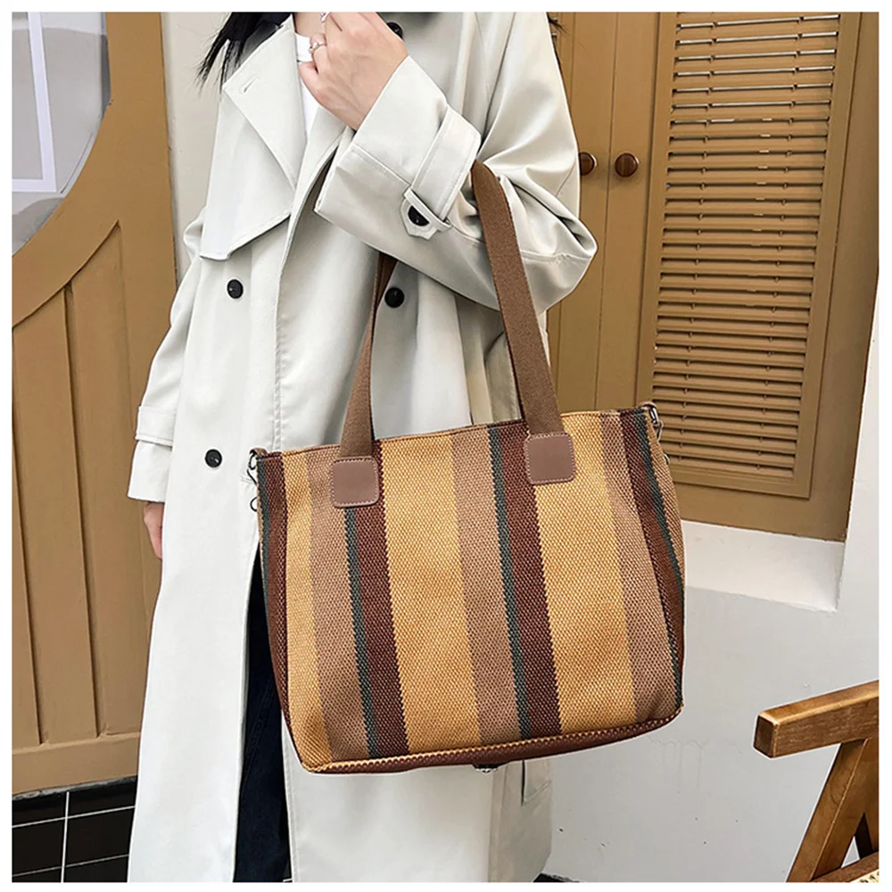 Women\'S Canvas Handbag Striped Large Capacity Female Bag Fashion Commuting Casual Handheld Tote Bag Shoulder Crossbody Bag