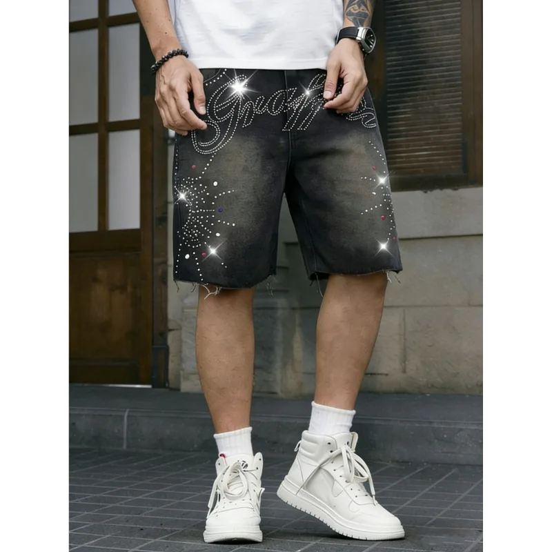 

American Streetwear Men's Non-Stretch Denim Shorts Rhinestone Letter Washed Frayed Hem Knee-Length Summer Jeans Shorts