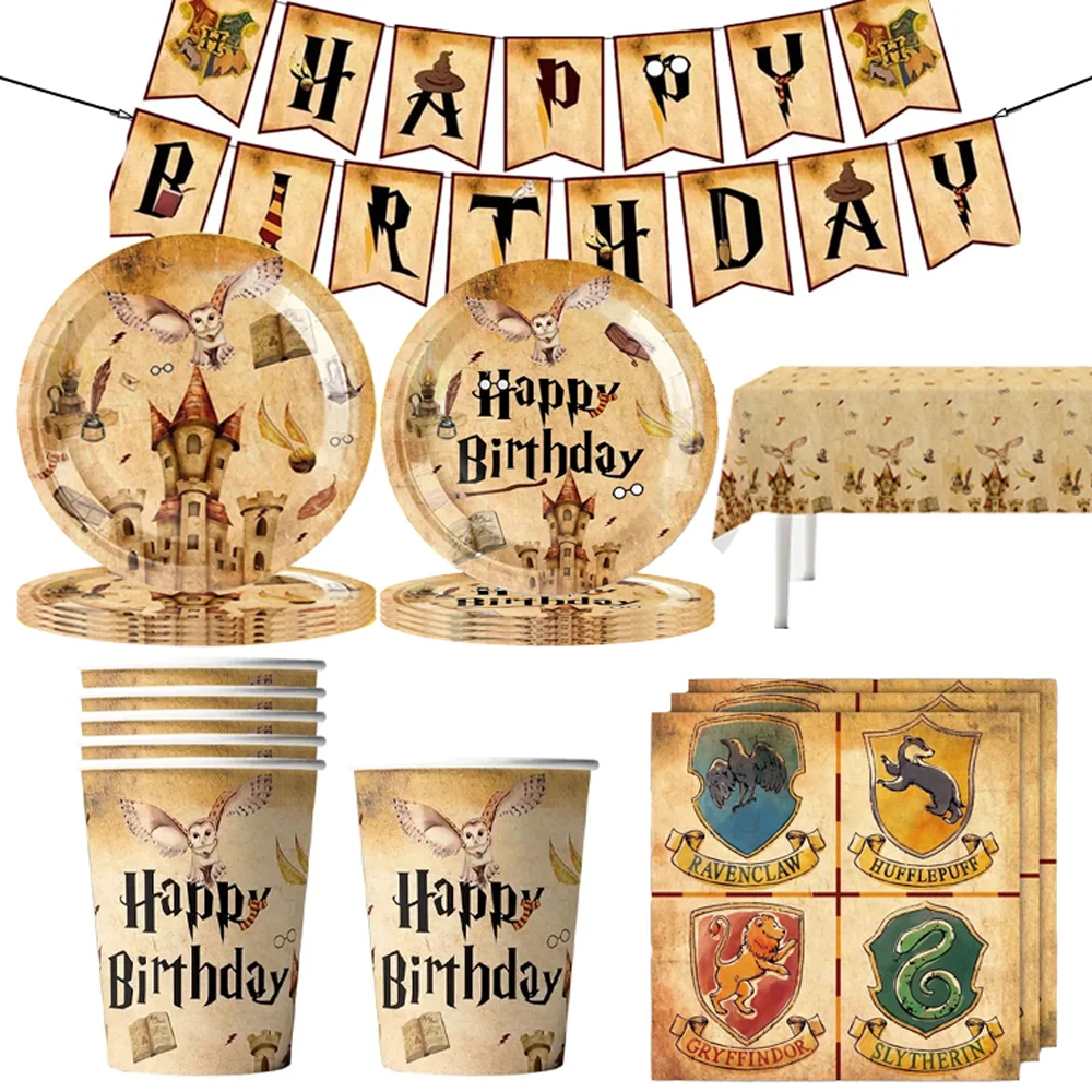 

Hot Harry Pottered Birthday Party Decor Disposable Tableware Supply Banner Cake Topper Hanging Flag Harry Pottered Balloons Gift