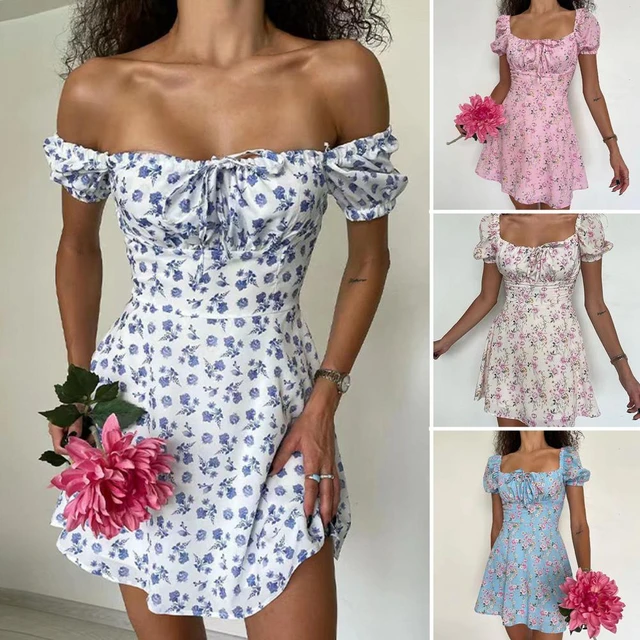 2024 New Summer Casual Off Shoulder Tie Up Floral Print A Line Dress Sexy Women Short Sleeve Slim Mini Dress for Club Party AliExpress