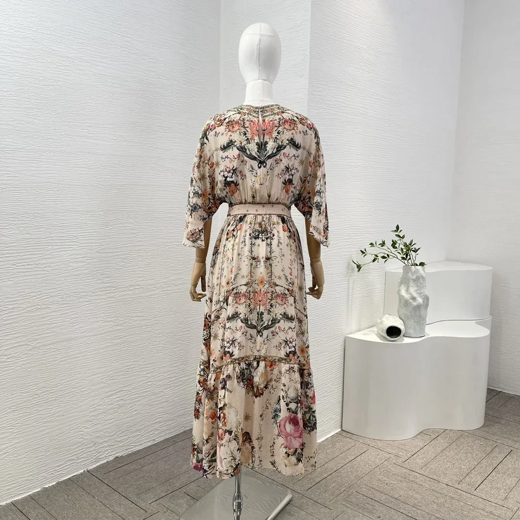 2024 New Collection High Quality Silk Shirred Floral Print Diamonds V-neck High Quality Vintage Midi Dress for Holiday