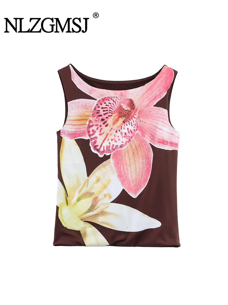 

2025 Summer Flower Print Women's Vest Fashion Sleeveless Short Top Elegant Casual O-neck Tank Tops Women Daily Streetwear